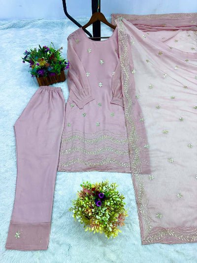Powder Pink Sequins Thread Work Straight Suit Set - BONYHUBSALWAR KAMEEZ