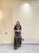 Black Elegant Farshi Suit With Floral Dupatta - BONYHUBSALWAR KAMEEZ