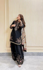 Black Elegant Farshi Suit With Floral Dupatta - BONYHUBSALWAR KAMEEZ