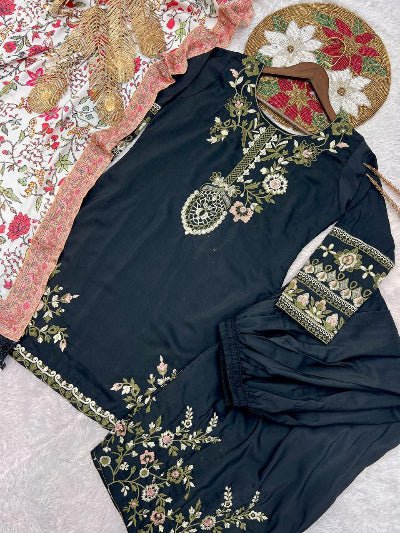 Black Elegant Farshi Suit With Floral Dupatta - BONYHUBSALWAR KAMEEZ