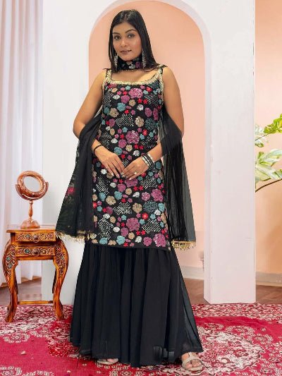 Black Georgette Multicolor Sequins Sharara Suit Set - BONYHUBSALWAR KAMEEZ