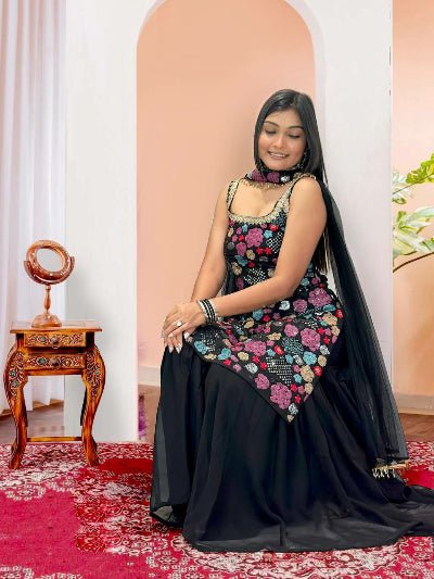 Black Georgette Multicolor Sequins Sharara Suit Set - BONYHUBSALWAR KAMEEZ