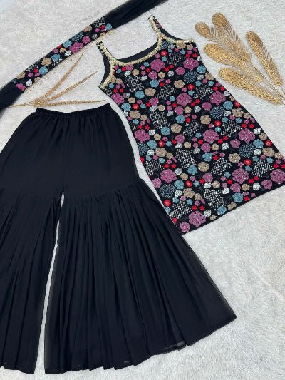Black Georgette Multicolor Sequins Sharara Suit Set - BONYHUBSALWAR KAMEEZ