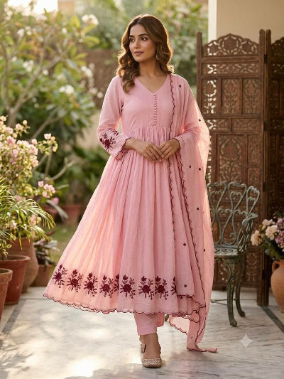 Embroidered Chanderi Flared Anarkali Suit Set- 3 Colours