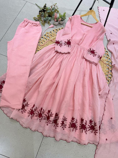 Embroidered Chanderi Flared Anarkali Suit Set- 3 Colours