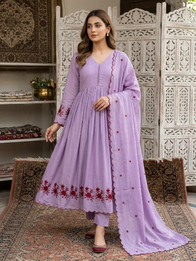 Embroidered Chanderi Flared Anarkali Suit Set- 3 Colours