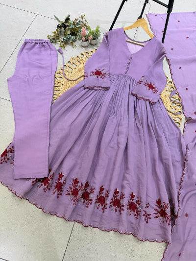Embroidered Chanderi Flared Anarkali Suit Set- 3 Colours