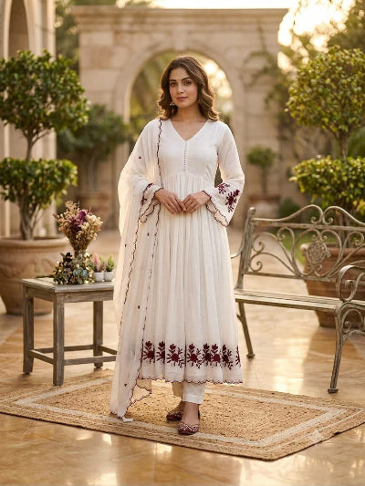 Embroidered Chanderi Flared Anarkali Suit Set- 3 Colours