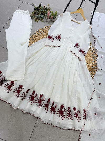 Embroidered Chanderi Flared Anarkali Suit Set- 3 Colours