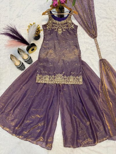 Purple Gold Embroidery Zari Work Sharara Suit - BONYHUBSALWAR KAMEEZ