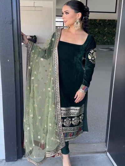 Green Velvet Embroidered Straight Suit Set - BONYHUBSALWAR KAMEEZ