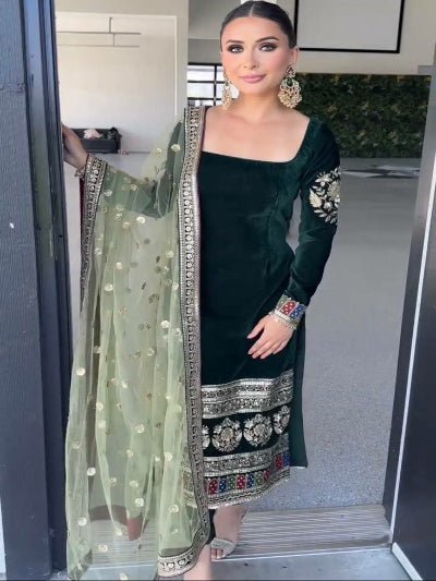 Green Velvet Embroidered Straight Suit Set - BONYHUBSALWAR KAMEEZ