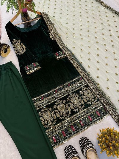 Green Velvet Embroidered Straight Suit Set - BONYHUBSALWAR KAMEEZ