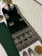 Green Velvet Embroidered Straight Suit Set - BONYHUBSALWAR KAMEEZ