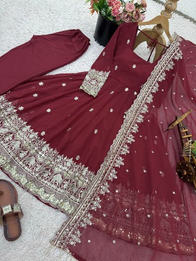 Classic Maroon Georgette Flair Embroidery Anarkali Set - BONYHUBSALWAR KAMEEZ