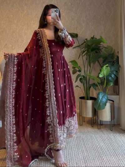 Classic Maroon Georgette Flair Embroidery Anarkali Set - BONYHUBSALWAR KAMEEZ
