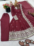 Classic Maroon Georgette Flair Embroidery Anarkali Set - BONYHUBSALWAR KAMEEZ