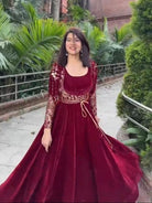 Maroon Velvet Sequins Work Long Gown With Jacket - BONYHUBSALWAR KAMEEZ