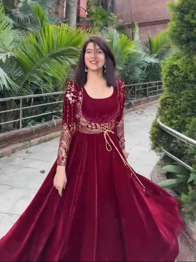 Maroon Velvet Sequins Work Long Gown With Jacket - BONYHUBSALWAR KAMEEZ