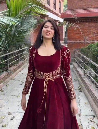 Maroon Velvet Sequins Work Long Gown With Jacket - BONYHUBSALWAR KAMEEZ