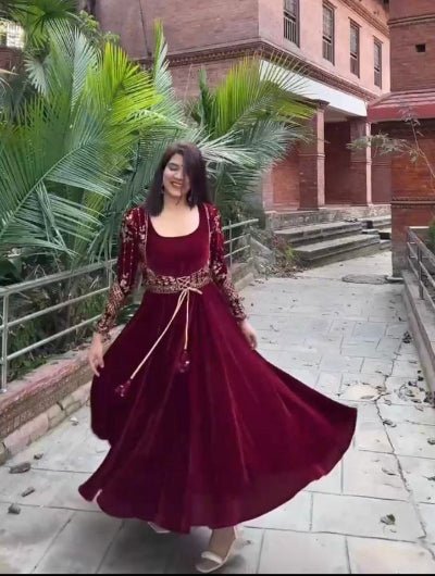 Maroon Velvet Sequins Work Long Gown With Jacket - BONYHUBSALWAR KAMEEZ