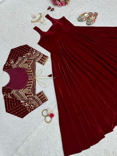 Maroon Velvet Sequins Work Long Gown With Jacket - BONYHUBSALWAR KAMEEZ