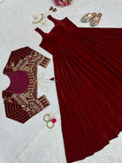 Maroon Velvet Sequins Work Long Gown With Jacket - BONYHUBSALWAR KAMEEZ