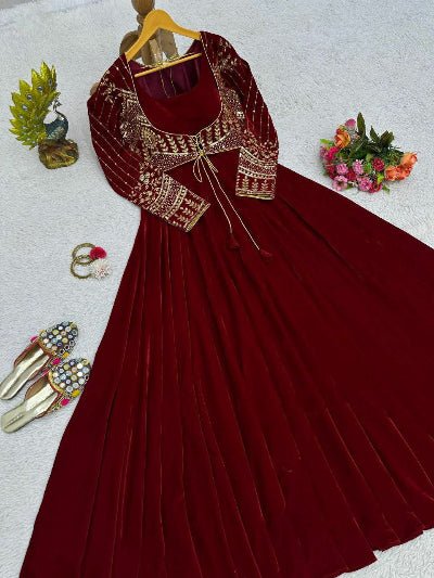 Maroon Velvet Sequins Work Long Gown With Jacket - BONYHUBSALWAR KAMEEZ