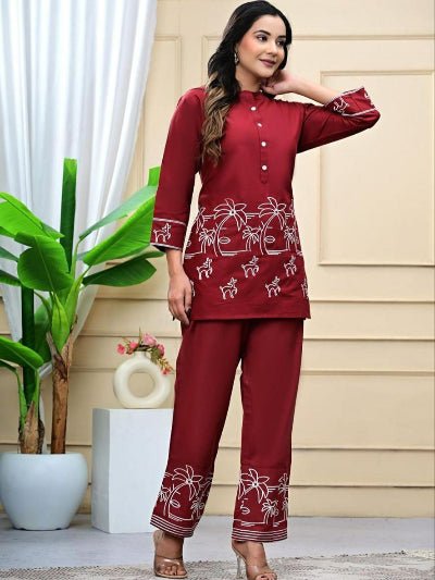 Maroon Rayon Silk Embroidered Kurti Pant Set Of 2 - BONYHUBSALWAR KAMEEZ