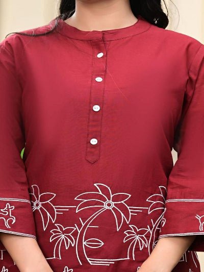 Maroon Rayon Silk Embroidered Kurti Pant Set Of 2 - BONYHUBSALWAR KAMEEZ