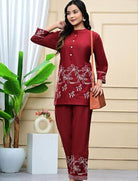Maroon Rayon Silk Embroidered Kurti Pant Set Of 2 - BONYHUBSALWAR KAMEEZ