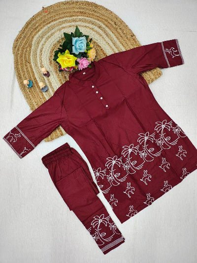 Maroon Rayon Silk Embroidered Kurti Pant Set Of 2 - BONYHUBSALWAR KAMEEZ