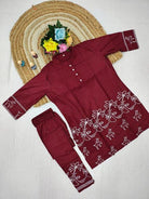 Maroon Rayon Silk Embroidered Kurti Pant Set Of 2 - BONYHUBSALWAR KAMEEZ
