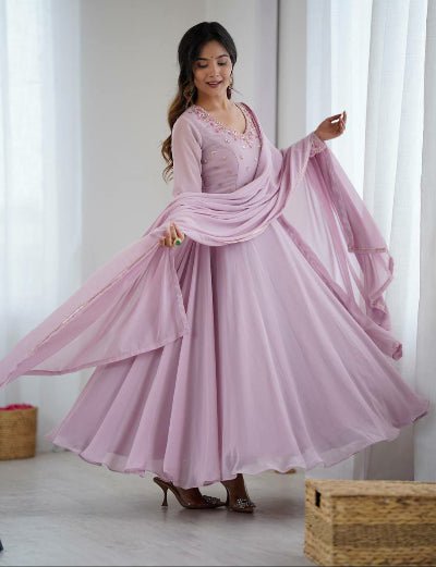 Lilac Georgette Handwork Anarkali Suit Set - BONYHUBSALWAR KAMEEZ