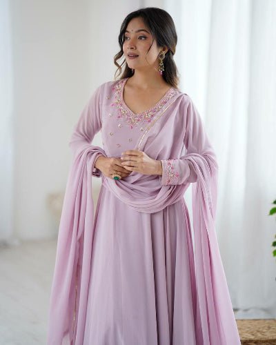 Lilac Georgette Handwork Anarkali Suit Set - BONYHUBSALWAR KAMEEZ