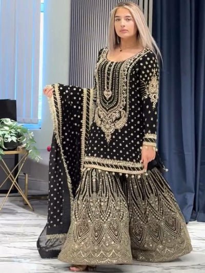 Black Georgette Fancy Embroidered Sharara Suit Set - BONYHUBSALWAR KAMEEZ