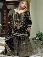 Black Georgette Fancy Embroidered Sharara Suit Set - BONYHUBSALWAR KAMEEZ
