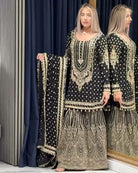 Black Georgette Fancy Embroidered Sharara Suit Set - BONYHUBSALWAR KAMEEZ
