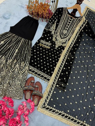 Black Georgette Fancy Embroidered Sharara Suit Set - BONYHUBSALWAR KAMEEZ