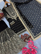 Black Georgette Fancy Embroidered Sharara Suit Set - BONYHUBSALWAR KAMEEZ
