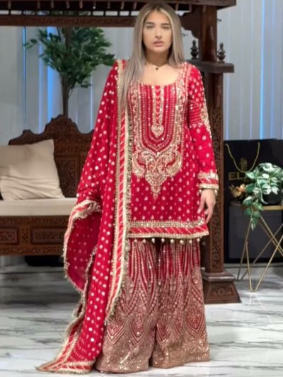 Red Georgette Fancy Embroidered Sharara Suit Set - BONYHUBSALWAR KAMEEZ