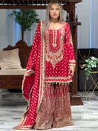 Red Georgette Fancy Embroidered Sharara Suit Set - BONYHUBSALWAR KAMEEZ