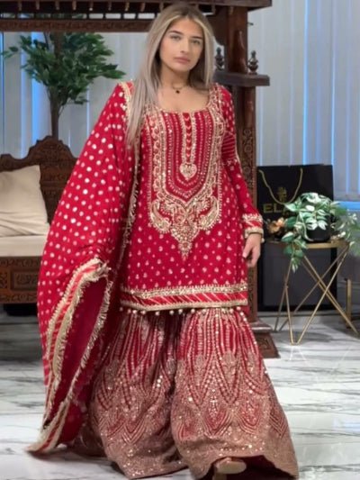 Red Georgette Fancy Embroidered Sharara Suit Set - BONYHUBSALWAR KAMEEZ