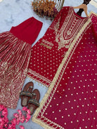 Red Georgette Fancy Embroidered Sharara Suit Set - BONYHUBSALWAR KAMEEZ