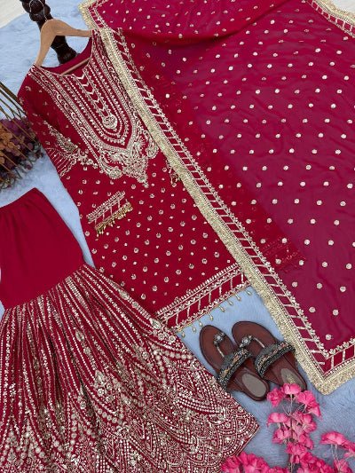 Red Georgette Fancy Embroidered Sharara Suit Set - BONYHUBSALWAR KAMEEZ