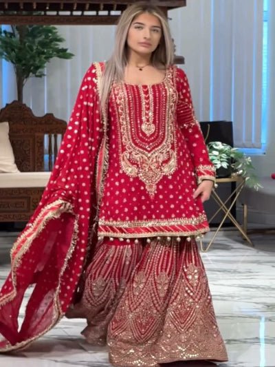 Red Georgette Fancy Embroidered Sharara Suit Set - BONYHUBSALWAR KAMEEZ