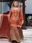 Orange Georgette Fancy Embroidered Sharara Suit Set - BONYHUBSALWAR KAMEEZ