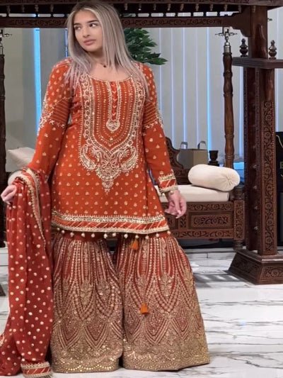 Orange Georgette Fancy Embroidered Sharara Suit Set - BONYHUBSALWAR KAMEEZ