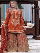 Orange Georgette Fancy Embroidered Sharara Suit Set - BONYHUBSALWAR KAMEEZ