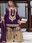 Purple Georgette Fancy Embroidered Sharara Suit Set - BONYHUBSALWAR KAMEEZ